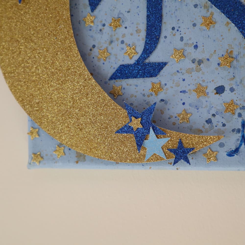 Χειροποόιητος Παιδικός πίνακας για παδικό δωμάτιο αγοριού με θέμα τον ουρανό, το φεγγάρι και τα αστέρια, θέμα Βάπτισης αστέρια