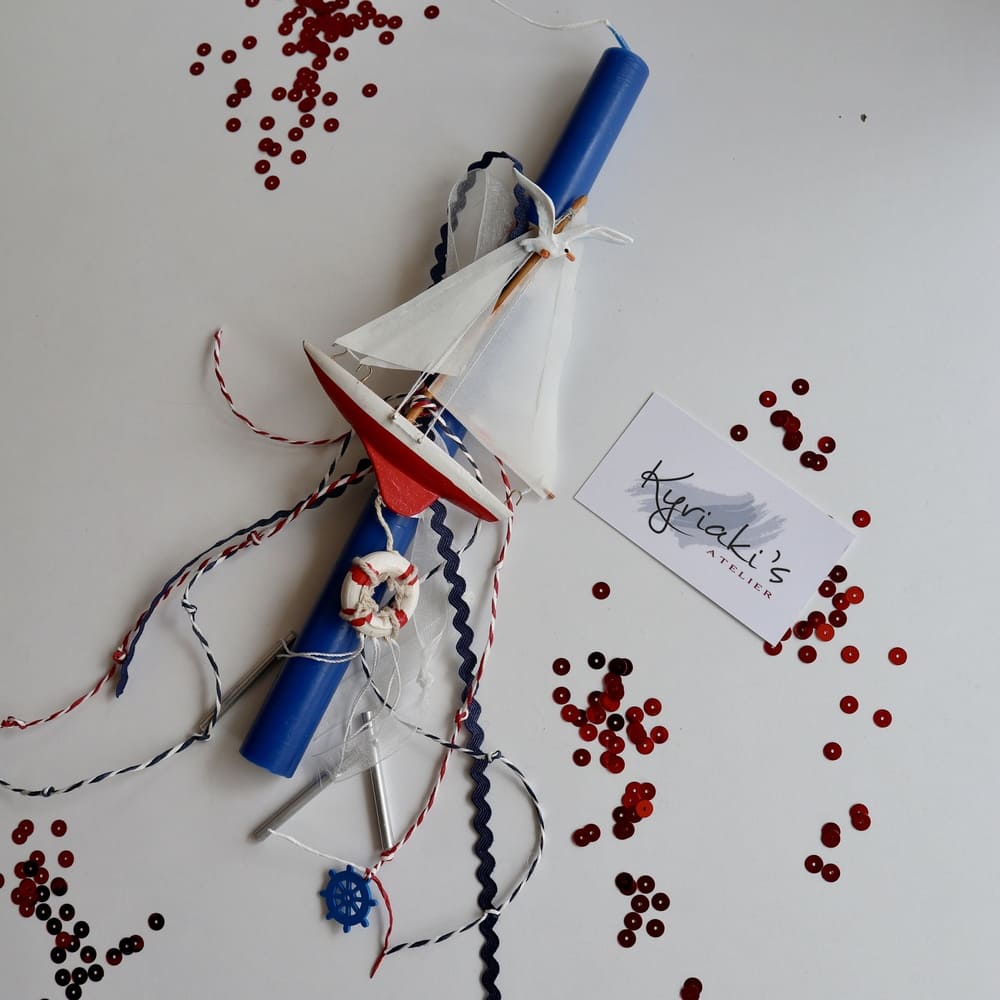 Πασχαλινή Λαμπάδα για αγόρι με πλοίο, αγορίστικη λαμπάδα σε μπλε, λευκό και κόκκινο